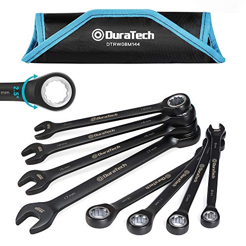 GEARDRIVE 144-Position Ratcheting Wrench Set, Metric, 8-Piece, 2.5-Degree, 8-17mm, Chrome Vanadium Steel, Black Chrome finish, with Rolling Pouch