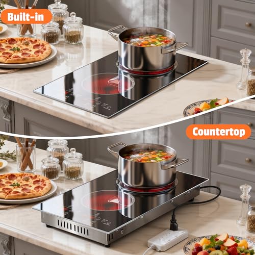 Image of 2 Burner Electric Cooktop - 110v Countertop and Built-in Electric Stove 2000W, Two Burner 12 Inch Ceramic Stove with 99 Mins Timer, Safety Lock, Touch Control, Portable 110-120V Plug in
