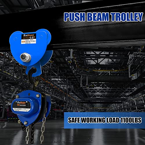 Fithoist Manually Trolley 1/2 Ton | 1100Lbs Capacity Steel Push Beam Trolley | Adjustable For I-Beam Flange Width 3" To 5" | Plain Trolley Crane With Four Sturdy Wheels #TOP1