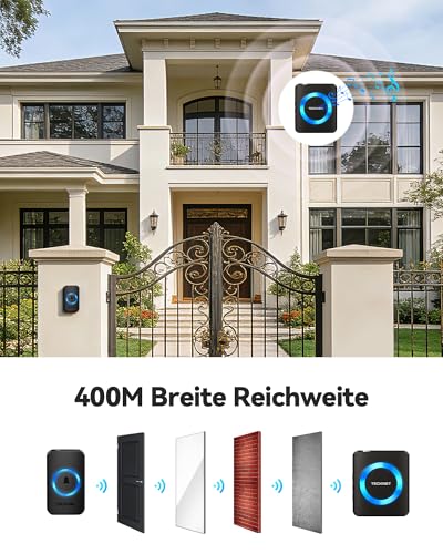 TECKNET Funkklingel Batteriebetrieben, Mini kabelloses Türklingel 400M, IP66 Aussen Wasserdicht Funk klingel Set, 5 Lautstärkestufen Haustür Klingel, und 60 Melodien doorbell Mit LED-Anzeige