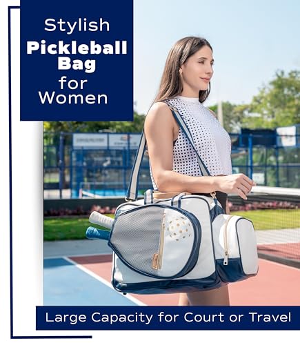 Net & Style Pickleball Bag Women Stylish Tote Large Capacity Paddle Holder Shoe Compartment Elegant Lightweight Design Durable Zipper Pockets Fence Hook White Navy Court Gym Travel Organizer - Image 2