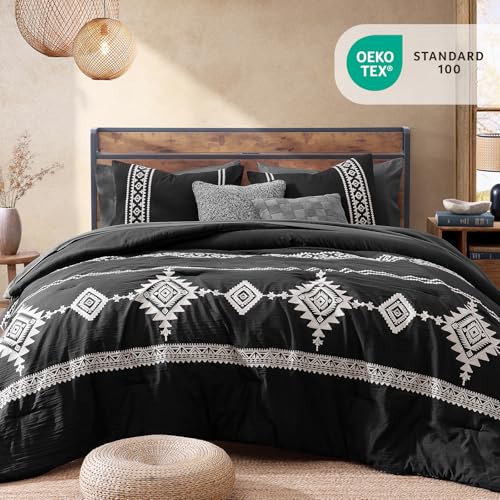 Image of MaiReve Embroidery Queen Comforter Set 7 Pieces Black Bed in a Bag