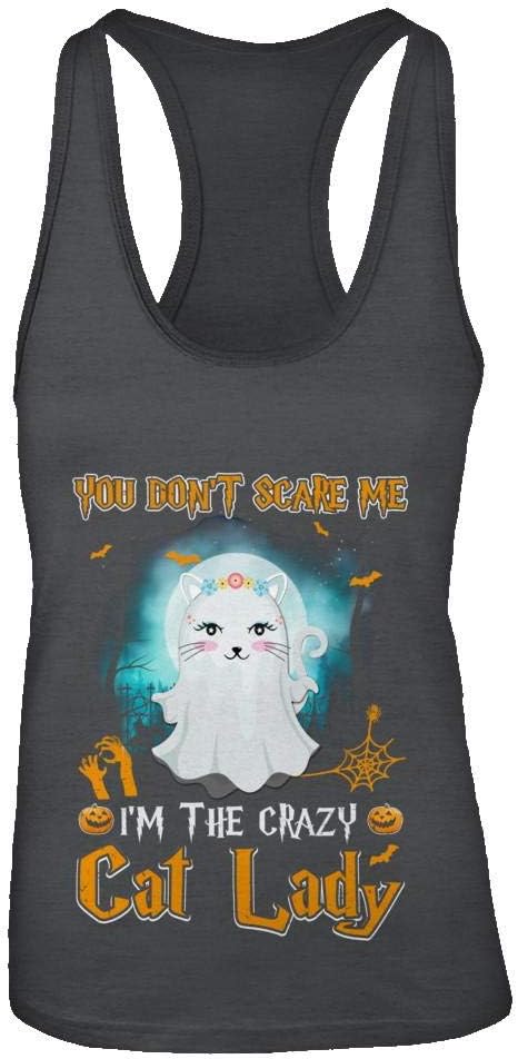 TeesPass Women's You Don't Scare Me I'm A Crazy Cat Lady Ghost Halloween Shirt Racerback Tank Top
