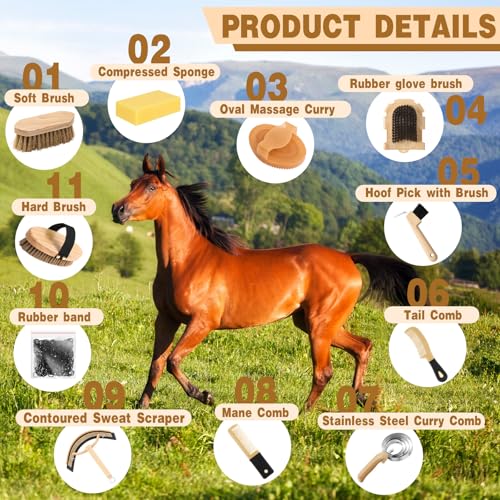 Abbylike 12 Pieces Horse Grooming Kit with Organizer Tote Bag Tack Room Supplies Horse Brush Sets Equine Care Cleaning Kit Shedding Grooming Massaging Tools (Khaki and Black)