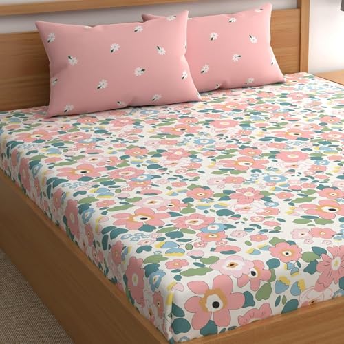 Image of Blue Strip 300 TC Cotton Feel Glace Cotton Elastic Fitted Printed King Size Double Bed Bedsheet with 2 Pillow Covers Fits Upto 9 inches,Size- 72x78x10 Inches