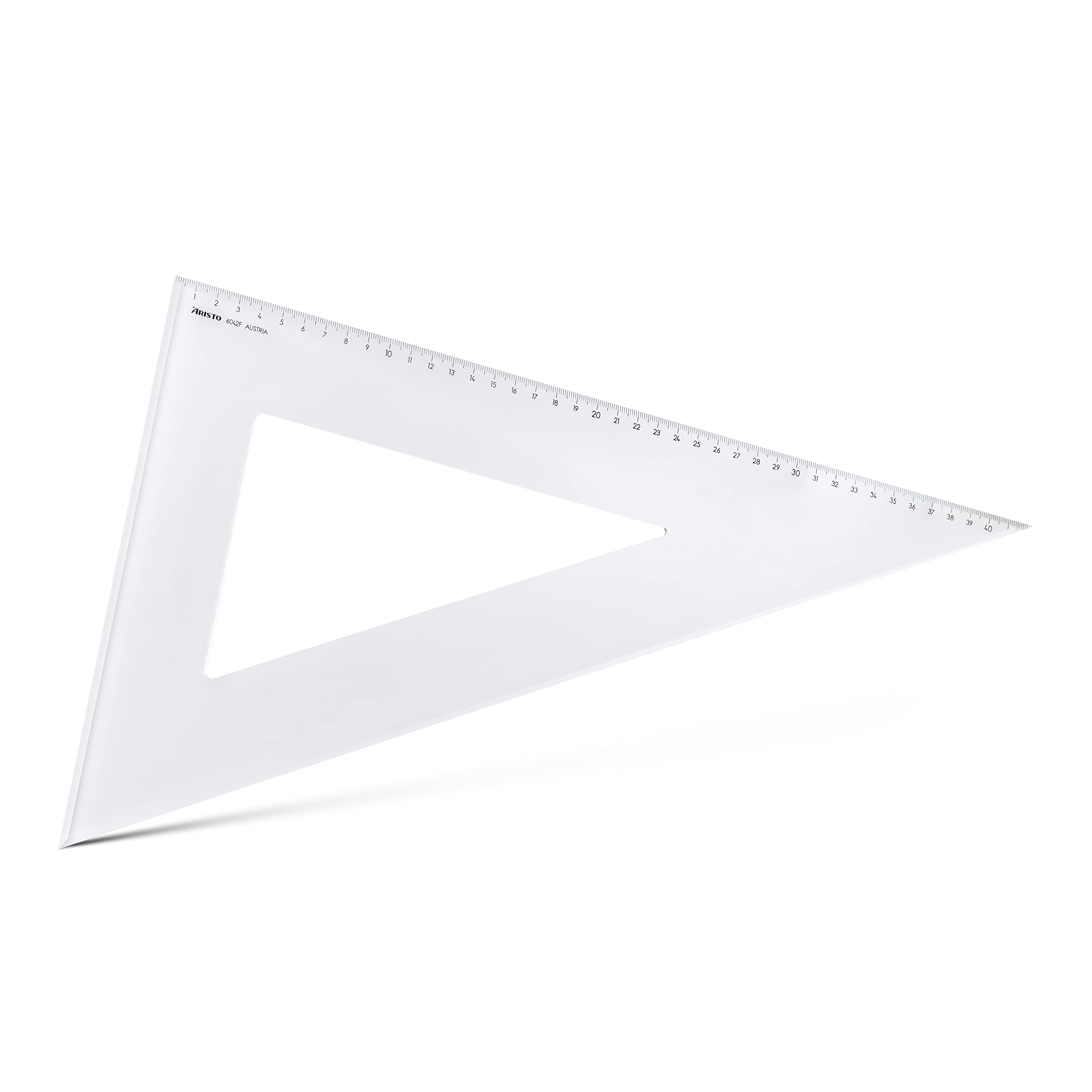 Aristo AR6042F trójkąt 60° z fasetką (długa cewka 420 mm, przeciwprostokątna 485 mm, odporne na ścieranie głębokie tłoczenie podziału, pleksiglas) przezroczysty