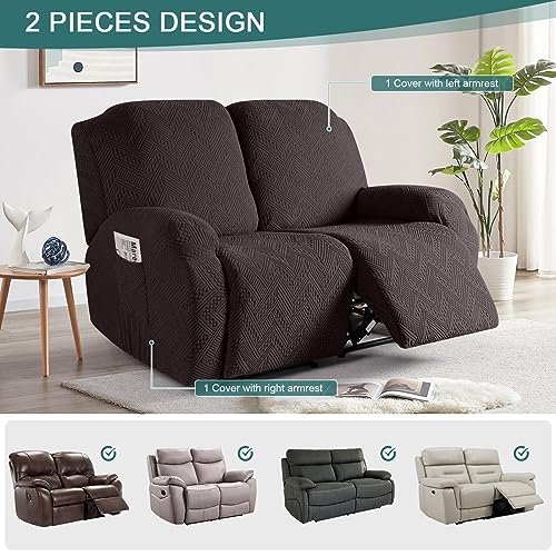 Image of Ruaozz Recliner Sofa Covers Recliner Chair Covers Loveseat Recliner Slipcovers with Pockets Washable Furniture Protector with Elastic Bottom (2 Seater, Chocolate)