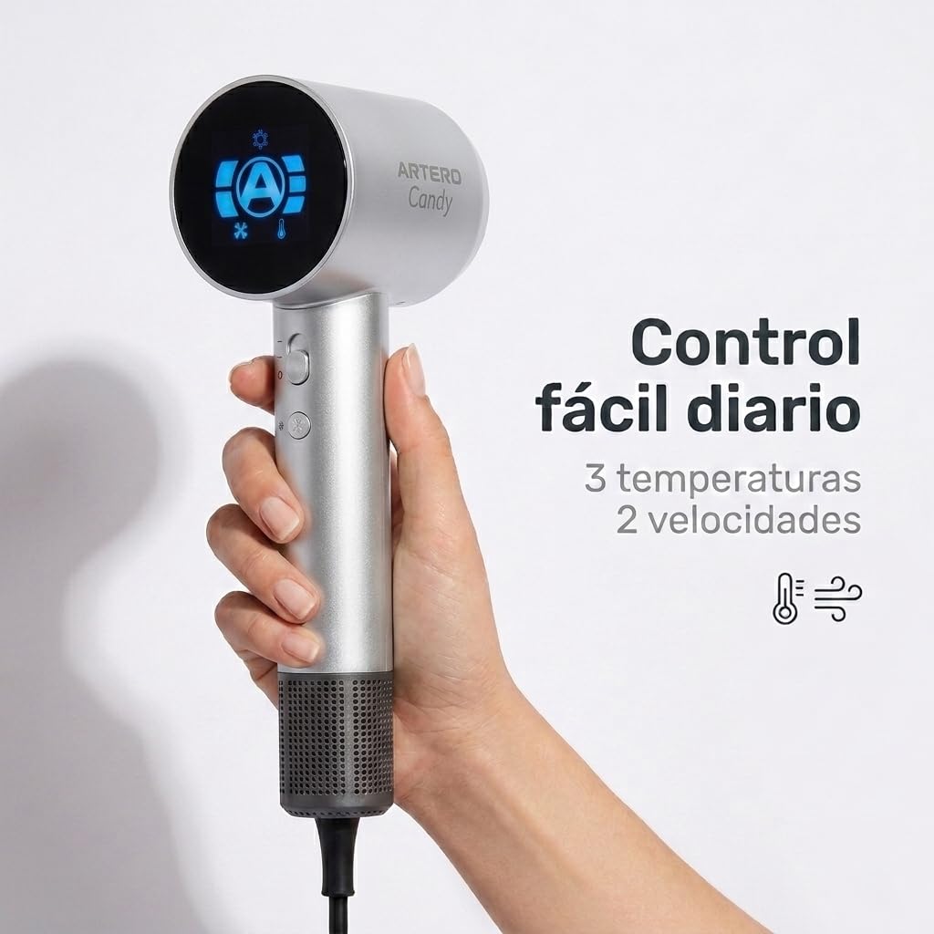 ARTERO Candy Secador Profesional para Peluquería y Barbería — Motor Brushless BLDC 1600W Silencioso, Ultraligero 380g, Compacto, Ergonómico, Boquilla Magnética (Gris)