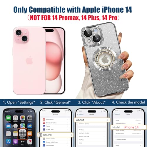 Image of Misscase for iPhone 14 Magnetic Glitter Case Compatible with MagSafe,Full Protection Slim Shockproof Anti-Scratch Case with Camera Lens Protector Logo View Dust-Proof Net for Women Silver
