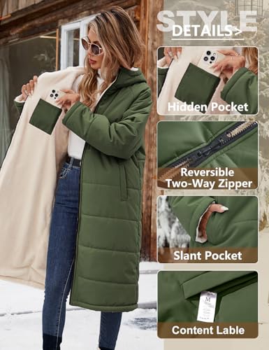 Vancavoo Wintermantel Damen Lang Winterjacke Warm Gefüttert Winterparka Winter Jacke Mantel Parka Steppmantel Daunenmantel mit Kapuze,Armee Grün,L