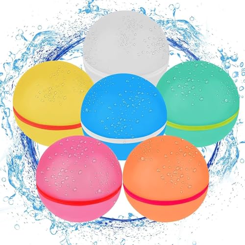 Moonmen 6Pcs Reusable Water Balloons for Kids Water Bombs Splash Balls for Pool, Refillable Quick Fill Self Sealing for Water Fight Game, Water Park, Summer Party