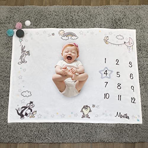 Image of Warner Brothers Looney Tunes Best Buds White with Pastel Blue, Pink, and Yellow Bugs Bunny, Tweety, Tasmanian Devil, and Sylvester The Cat Milestone Blanket