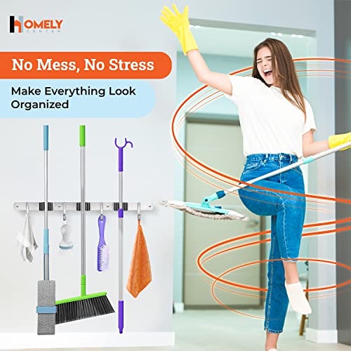 Broom Holder Wall Mount - 16" Wall Stud Installation Broom Mop Holder Wall Mounted - Broom Hanger with 3 Unit Clamps and 4 Utility Hooks for Storage, Closet - Broom Organizer Wall Mount - Broom Rack 9
