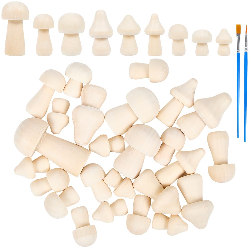 CRASPIRE 25Pcs 9 Styles Unfinished Wood Mushroom Craft Wooden Mushrooms Shape Unpainted Fairy Themed Spring Summer Paintable Mini Figurines with Brushes for DIY Art Crafting Projects Decor Supplies