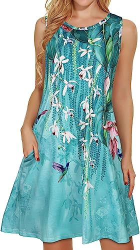 Image of elescat Women's Summer Dresses 2026 Beach Casual Sleeveless Floral Print Tank Loose Sundress with Pocket