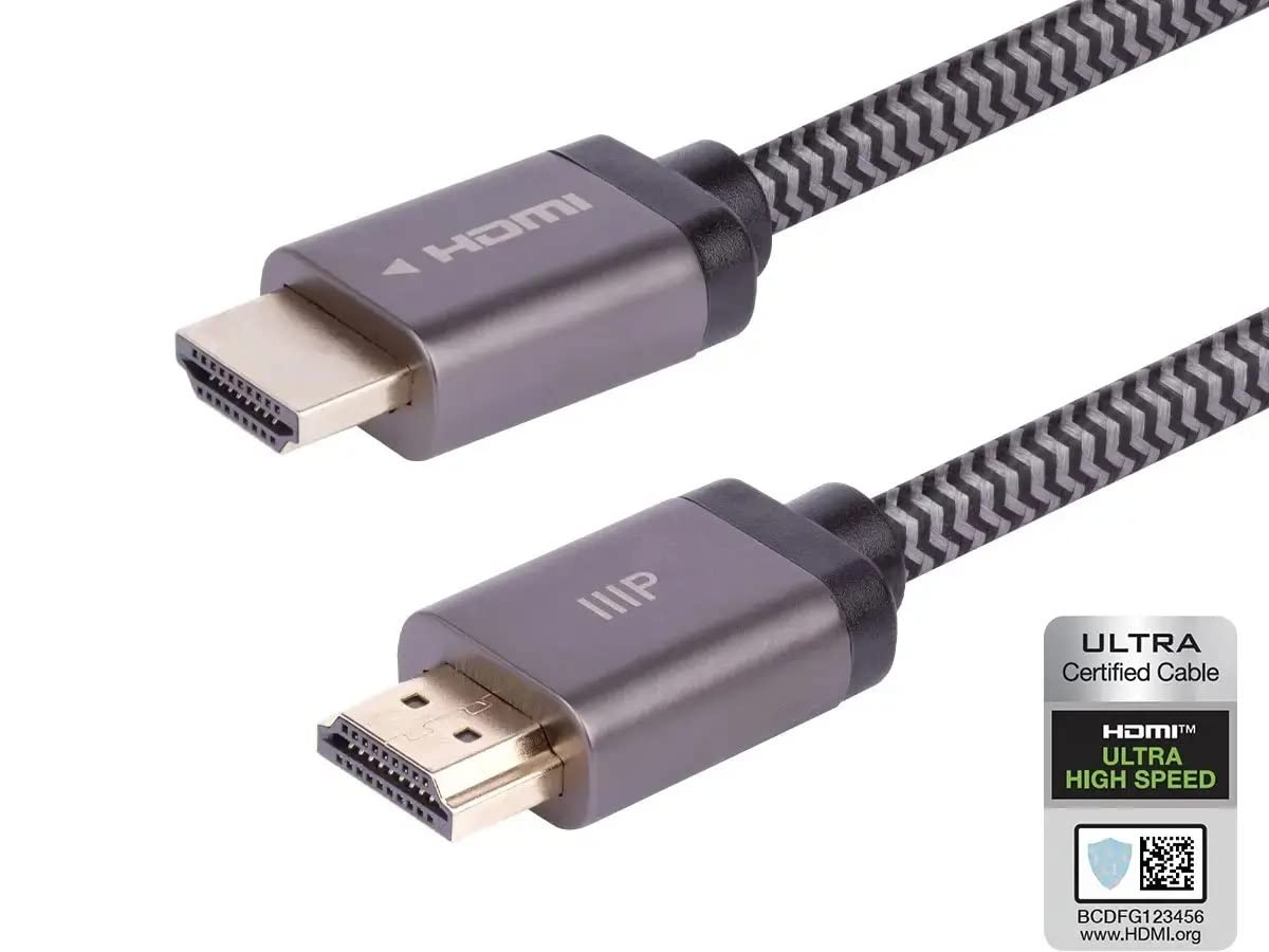 Monoprice Kabel HDMI o ultra wysokiej prędkości z certyfikatem 8K, pleciony, HDMI 2.1, 8K przy 60Hz, 4K przy 120Hz, 48 Gb/s, HDR, VRR, CL2 w ścianie, 7,6 m, czarny