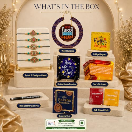 Image of Dreamica Designer Wall Hanging, Set of 5 Rakhi, Fridge Magnet, Standee Showpiece, Pen, Set of 8 Cards, Greeting Card and Tilak Set | Best Rakhi Gift for Brother