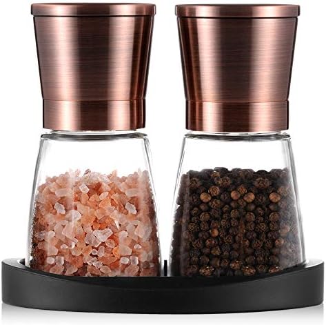 Pepper Grinder, Salt and Pepper Mills with Silicone Stand (2 pcs) Brozen Painting Stainless Steel, Set of Salt and Pepper Grinders with Easy Adjustable Ceramic Coarseness, Glass Body