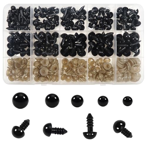 TOAOB Safety Eyes for Amigurumi Dolls 500pcs 5mm to 12mm Black Plastic Crochet Eyes with Washers for Crochet Dolls Making DIY Craft Stuffed Plush Animals