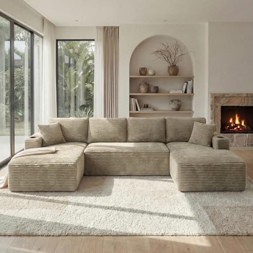 Image of 125 Inch Modular Sectional Sofa, Cloud Couch Oversized U Shaped Corduroy Sofa with Storage & Cupholders, Modern Deep Seat Boneless Couches for Living Room, No Assembly Required, Camel