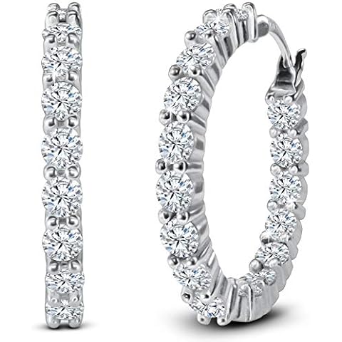 AceLay 14k Gold Plated Sterling Silver Hoop Earrings For Women Filled With CZ Stones - Hypoallergenic Huggies Earring - 25mm White Gold Earrings Cover