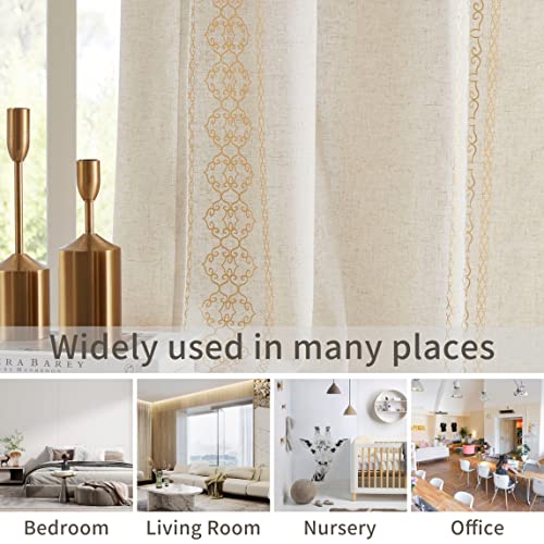 Zhochi Linen Light Filtering Window Curtains Panels Boho Stripe Metallic Print Natural Blend Drapes Grommets Top Semi Sheer Rustic Beige Farmhouse Window Treatment Set, 42"X84"X2, Gold/Beige #TOP1