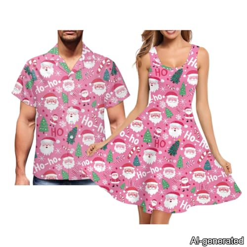 Image of Dreaweet Summer Dresses for Women A-Line Sleeveless Flowy Sun Dresses,Men's Casual Button-Down Shirts,Couple Matching Outfits