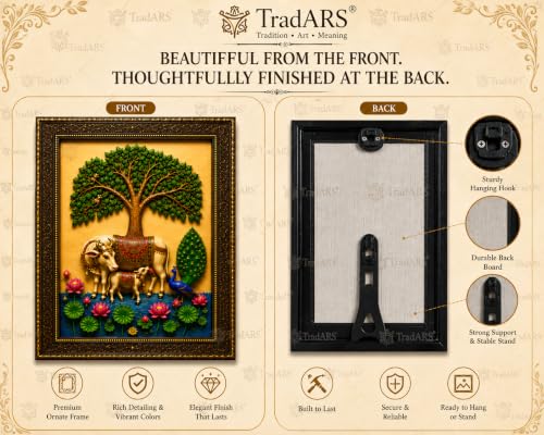 Image of Kamadhenu Cow & Calf Wall Photo Frame with Tree of Life, Peacock & Lotus | 8 x 12 Inch(20.32 x 30.48 cm) Religious Wall Decor for Living Room, Pooja Room & Bedroom | Vastu Home Decoration | Housewarming Gift