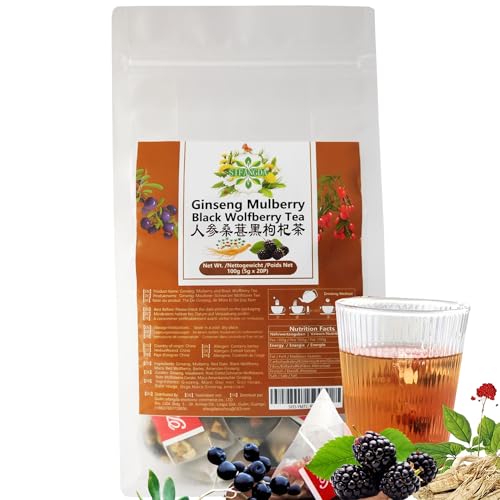 SIFANGDA Thé Ginseng mûrier noir et loup 100 g (5 g x 20 pièces), mélange de fruits et d'herbes, sachet de thé individuel