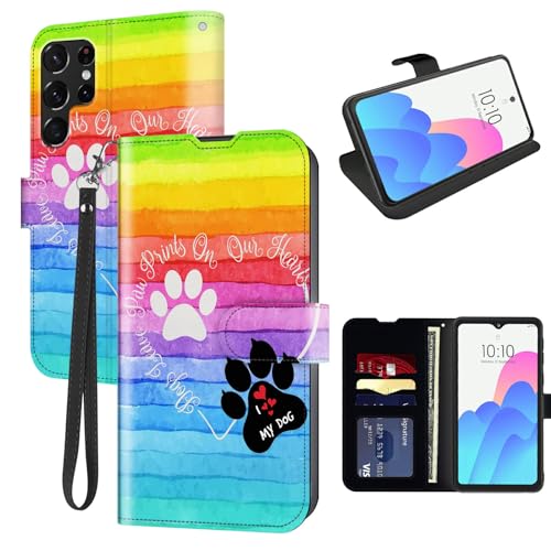 FUYOCWE for Galaxy S24 Ultra Case Wallet for Samsung Galaxy S24 Ultra 5G Phone Case with Card Holder,PU Leather Flip Cover w/Kickstand+RFID Blocking+Magnetic Snap-Dog Pawprint Rainbow