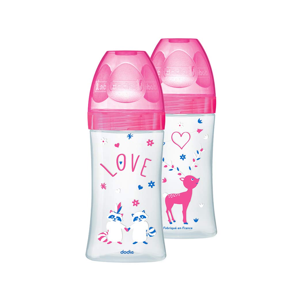 Dodie - Set of 2 baby bottles + 270 ml pink 0-6 months, flat teat flow rate 2 6007302