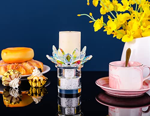 Dounx Crystal Candle Holder Set Of 2 For Tealight Candles And Votive Candles, Colorful Lotus Flower Holder, Clear Glass Base, Ideal Decor For Table Centerpiece, Mini Holders For Wedding #TOP5