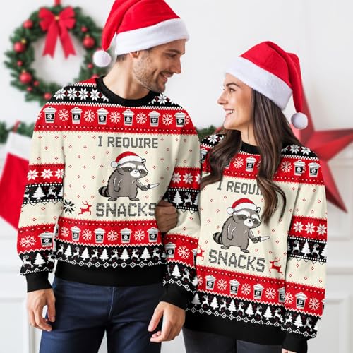 Image of 99TIMORO Raccoon Ugly Christmas Sweater for Men and Women, Holiday Pullover Novelty Crewneck Sweatshirt, Festive Outfit Gift