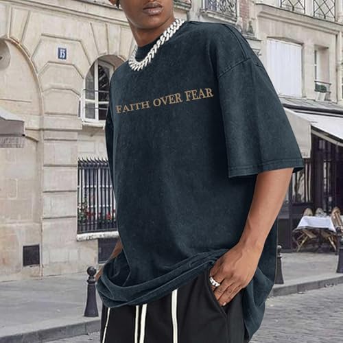 Image of Christian Faith Over Fear Shirt for Men Jesus Religious Shirts Oversized Graphic Tees Acid Wash God T-Shirt