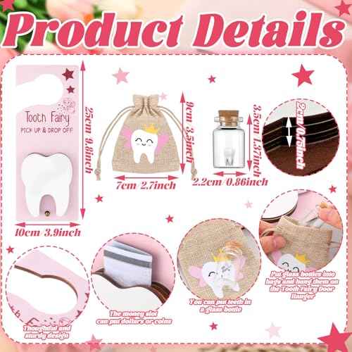 Image of DoubleFill Fairy Tooth Gift Holder Bag Door Hanger Lost Teeth Keepsake Box Tooth Fairy Kit Stores Back to School Gift for Lost Teeth Boy Girl Primary School Classroom Gifts(Classic,Pink Brown)