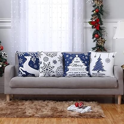 4 PCS Weihnachten Kissenbezüge Weihnachtskissenbezug Schlafzimmer Schneeflocken Rentier Dekokissen Weihnachten, Weihnachten Kissen Kissenhülle für Weihnachtsdeko Christmas Kissenhülle (Blue, One Size) – Bild 5