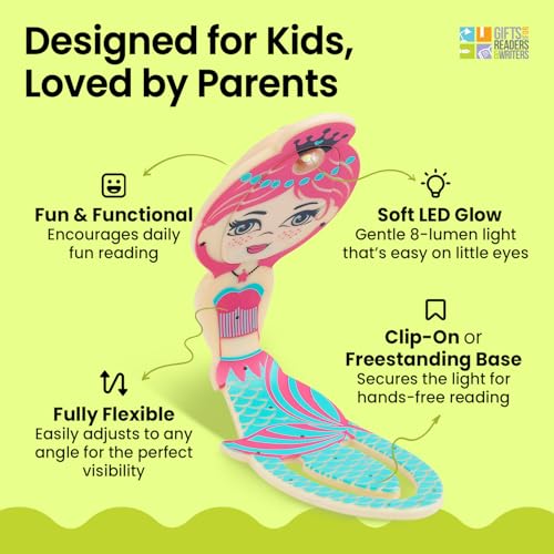 Image of Gifts for Readers & Writers Book Light for Kids, Clip On Reading Light for Bed, 2in1 Flexilight Pals & Bookmark, Small & Lightweight with a Soft Glow, 2 Batteries Included, Mermaid Teal