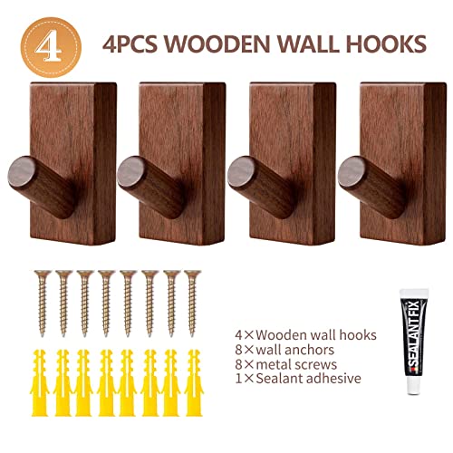 Quellance Wood Wall Hooks For Hanging - 4 Pack Utility/Coat Hooks Wall Mounted, Robe & Towel Hooks, Natural Handmade Hat Hooks Heavy Duty Wall (Walnut Wood) #TOP6