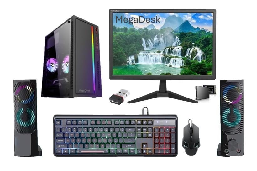 MegaDesk FZ10 Desktop Computer Set, i5 3400, 16GB RAM, 500GB SSD, 19-inch HD LED Monitor, RGB Keyboard Mouse, Sound Bar, Windows 11 (16-500GB)