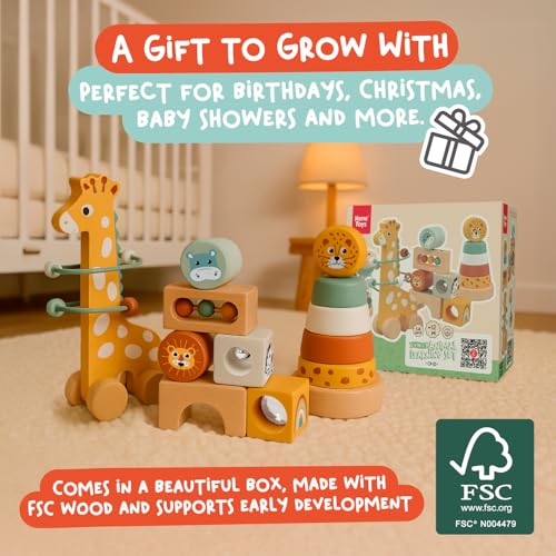 Nene Toys Montessori Toys for 1 Year Old – 4-in-1 Wooden Sensory Toy Set with Stacking Rings, Rainmaker, Giraffe Bead Maze & Activity Blocks – Educational Gift for Toddlers, Boys & Girls Age 1+ - Image 7