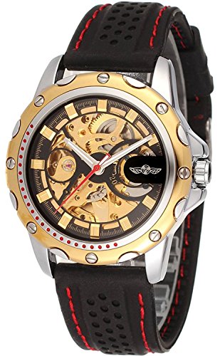 Montre automatique squelette Mastop en silicone noir et doré pour homme