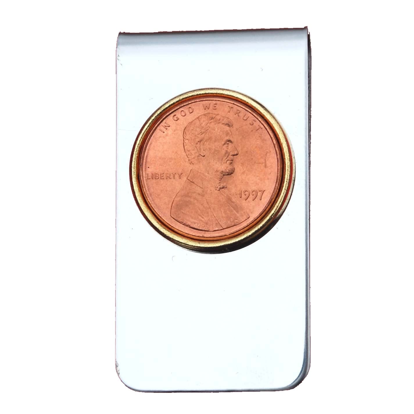 US 1997 Lincoln Small Cent BU Uncirculated Penny Coin Stainless Steel Gold Silver Two Tone Money Clip NEW - Lucky Penny