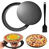 CALLYSONIC Gelochte Quicheform 28cm mit Bürsten, Karbonstahl Tarteform mit Hebeboden, Tartelette Förmchen, Antihaft-Flanform zum Backen, Quiches, Geriffelte Runde Kuchenform (Schwarz)