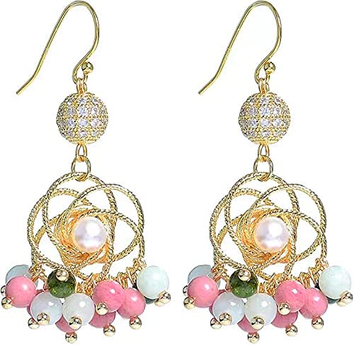 Xforlong 14K Cubic Zirconia Ball Drop Earrings For Women,Elegant Tourmaline Natural Rhodochrosite Freshwater Pearl Dangle Earrings/Prom/Birthday Party/Anniversary #TOP4