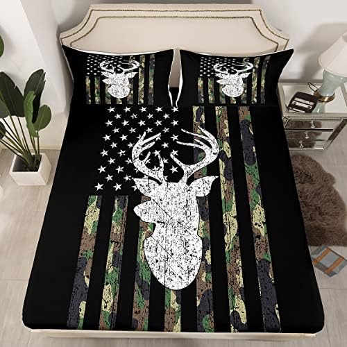 American Flag Bed Sheets Deer Hunting Bedding Sheets Army Green Military Camo Fitted Bed Sheet Twin for Boys Teens Kids Man,Western Farmhouse Stars Stripes Bedding Sets 1 Pillow Case Bedroom Decor