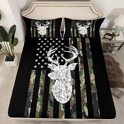 American Flag Sheet Set Deer Hunting Camo Bedding Set Military Camouflage Bed Sheets Twin For Kids Boys Teens Man,Western Rustic Farmhouse Stars Stripes Fitted Sheet Army Green Flat Sheet 3 Piece #TOP1