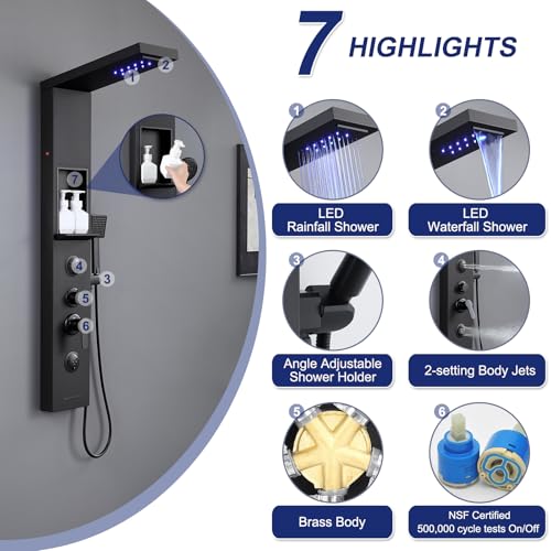 ROVATE Matte Black LED Rainfall Waterfall Shower Panel Tower System with Shelf - Powerful Stainless Steel Shower Column with Mist and Massage Body Jets, Handheld, Waterfall Tub Spout