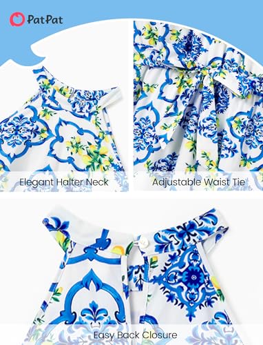 Image of PATPAT Family Hawaiian Matching Outfits - Mommy and Me Vacation Outfits | Halter Sundresses and Button Down Shirts,Caribbean Vacation Summer Tropical Outfits,Hawaiian Boho Tropical Floral Printed