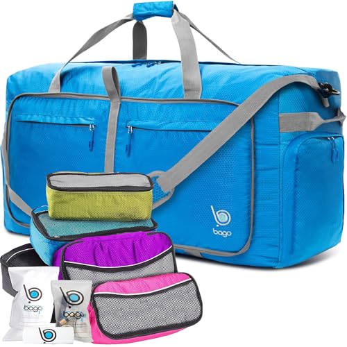 Bago Travel Bundle: 5 Packing Cubes (Black/Blue/Purple/Green/Pink) & 120L Duffel Bag (Blue) Set - Organize and Carry with Ease