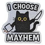 MACOCO Cat Iron on Patch, 3" Funny I Choose Mayhem Chaos Black Cat Patch, Embroidered Sew on Applique for Backpacks, Clothing, Jackets, Sarcastic Humor Gift for Cat Lovers